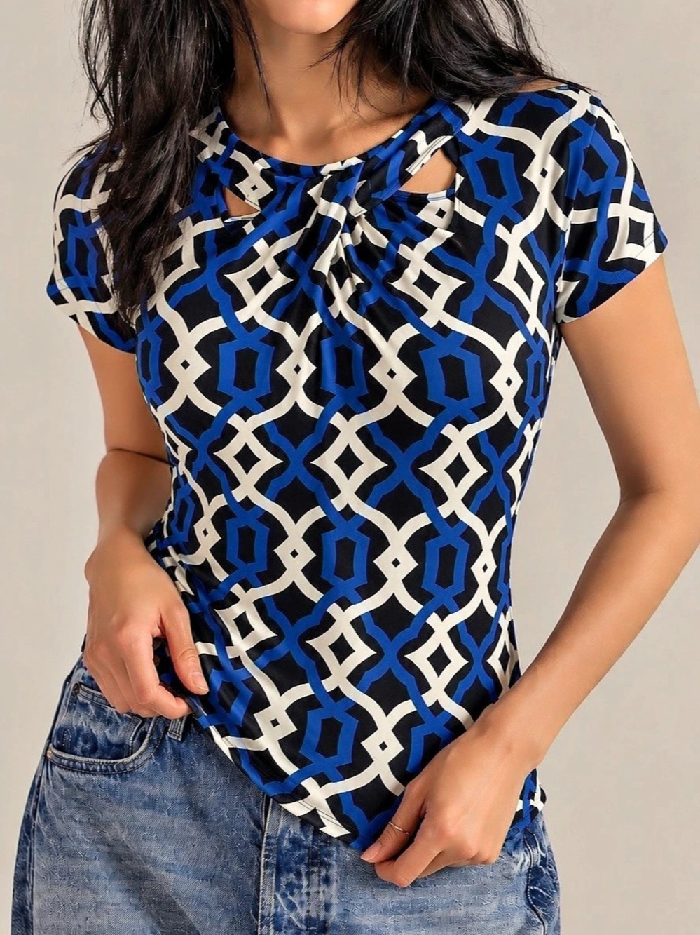 443. Cleo Geometric Short Sleeve Blouse in Blue & Black Size XS